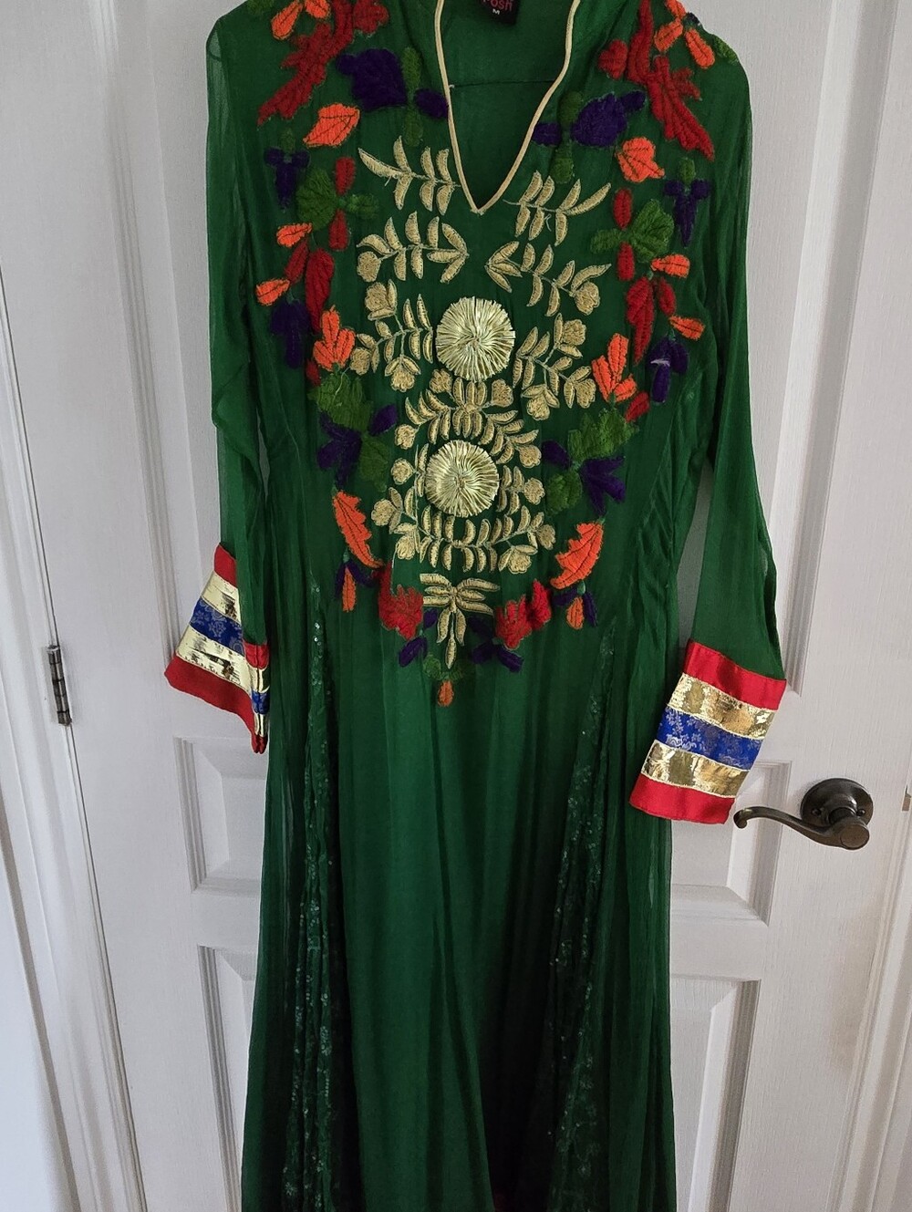 Embroidered Green Women's Dress with Gold Accents